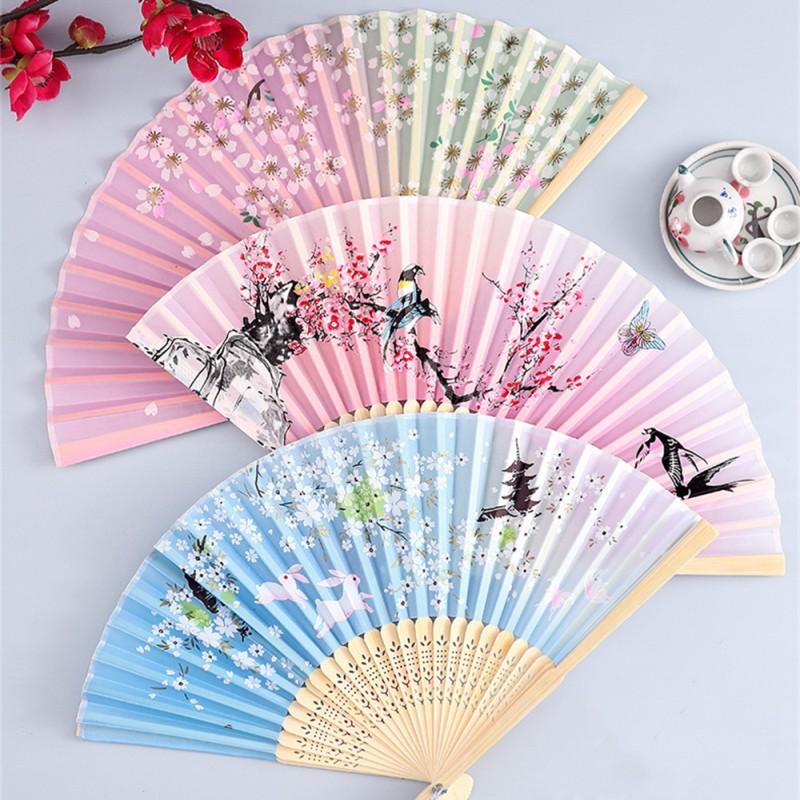 Винтажный шелковый складной веер, китайские бамбуковые веера, подарки для рукоделия, реквизит для женского танца, украшение для дома