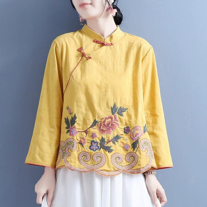 Вышитые рубашки из хлопка и льна в китайском стиле, весна-лето, ретро, с длинными рукавами, воротником-стойкой, свободные топы