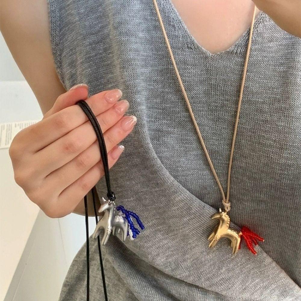 Long Wax Rope Necklace Horse PU Leather Necklace Unique Pony Pendant Necklace  Women