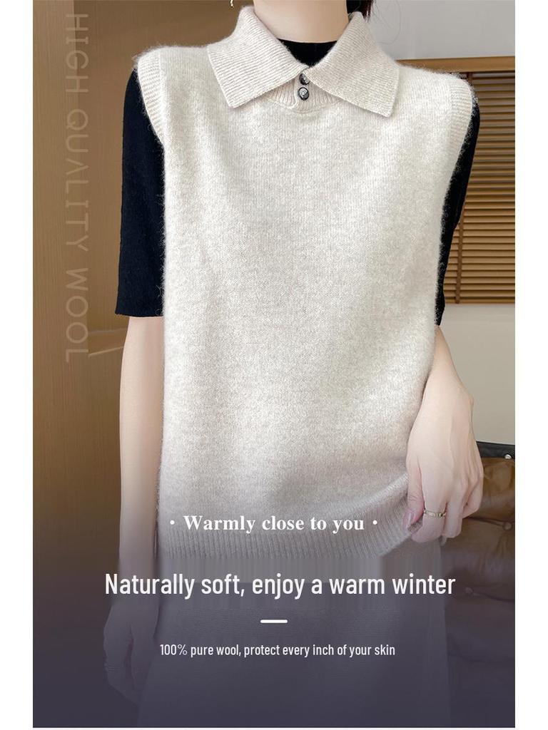 Cashmere Button-Up Sleeveless Sweater Vest with Polo Collar