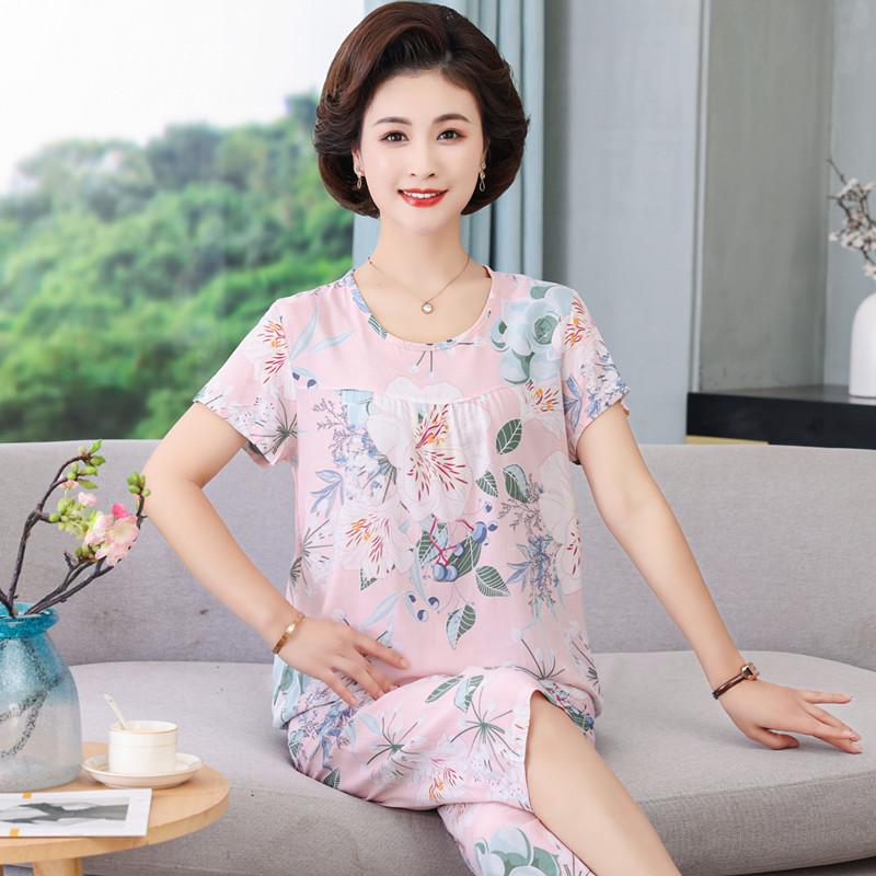 Женский летний пижамный комплект из хлопкового шелка - комплект из двух предметов с короткими рукавами для матерей среднего и пожилого возраста, подходит для ношения в помещении и на улице