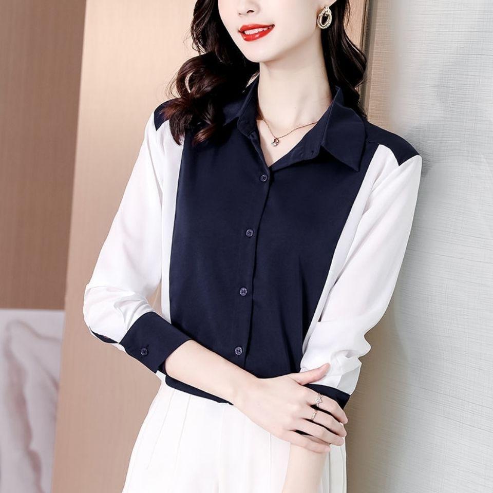 Chiffon Shirt Women's Spring Autumn New Color Contrast Fashion Long Sleeved Top Turn Down Collar Bottoming Blouse S-3XL