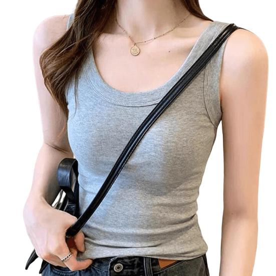 Summer Vest Round Neck Sleeveless Slim-Fit Solid Color Tank Tops Soft Elastic Sport Camisole Daily Wear