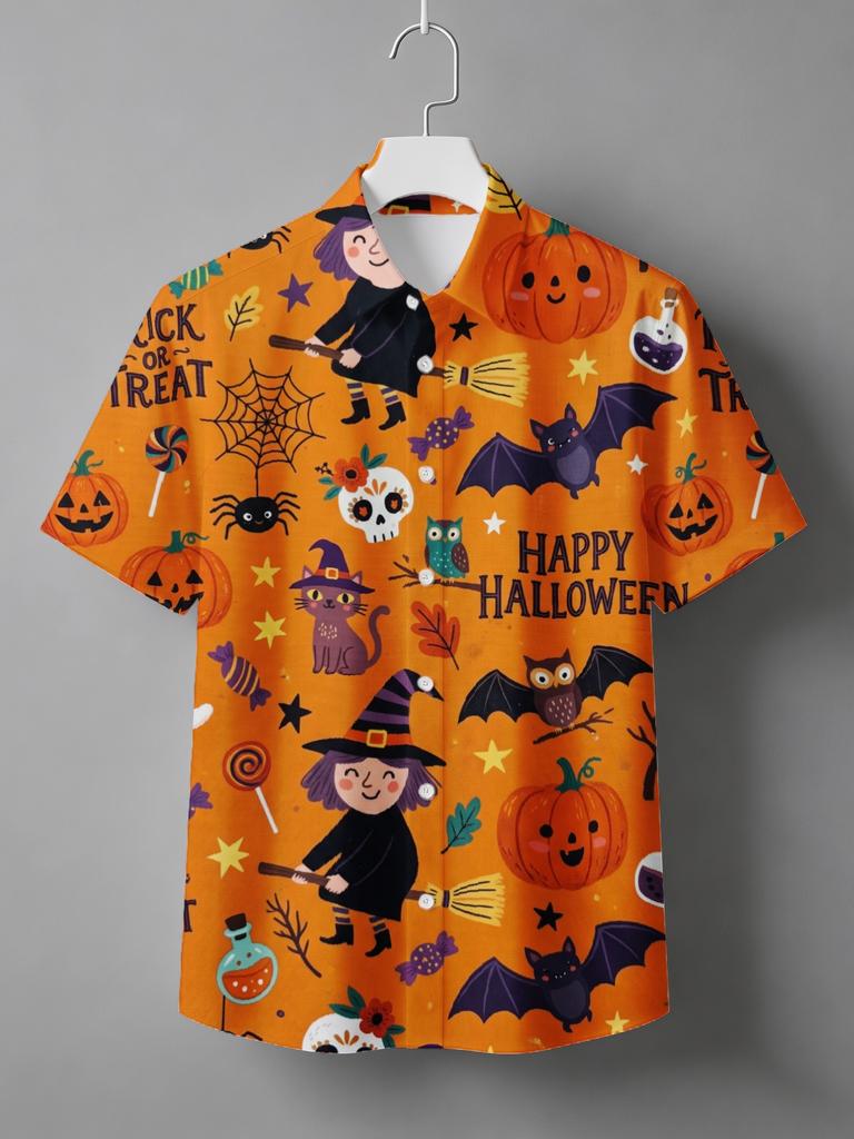 [Print Design - Not Textured] Halloween Men'S Short Sleeve Hawaiian Shirt Top Comfortable Breathable Fabric Lapel Digital Print 3D Fashion Full Print