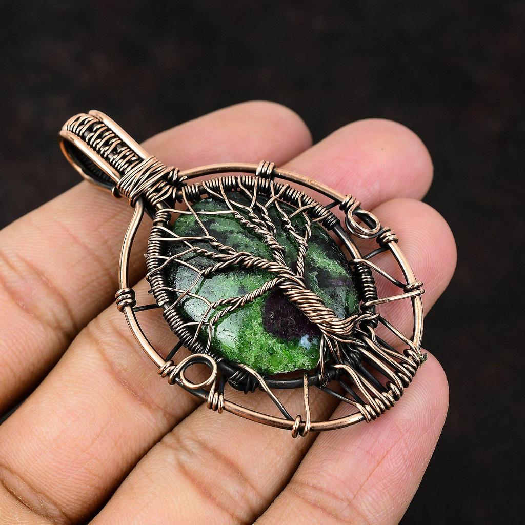 Древо жизни, кулон с рубином и цоизитом, медная проволока, кулон, драгоценный камень, медные украшения, кулон ручной работы, кулон с рубином и цоизитом, подарок для мамы