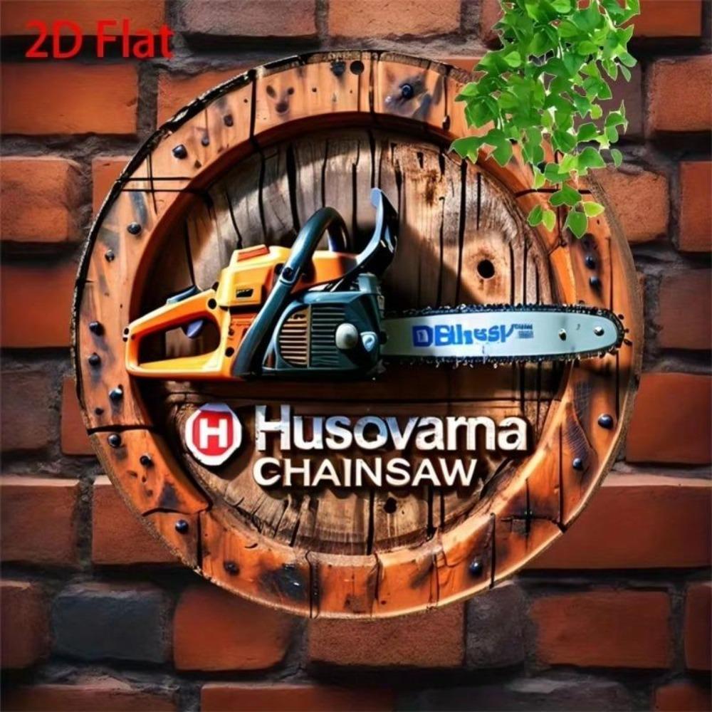 Vintage Style Chainsaw 2D Metal Tin Sign Wood Grain Decor Wall Art For Cafe Garage
