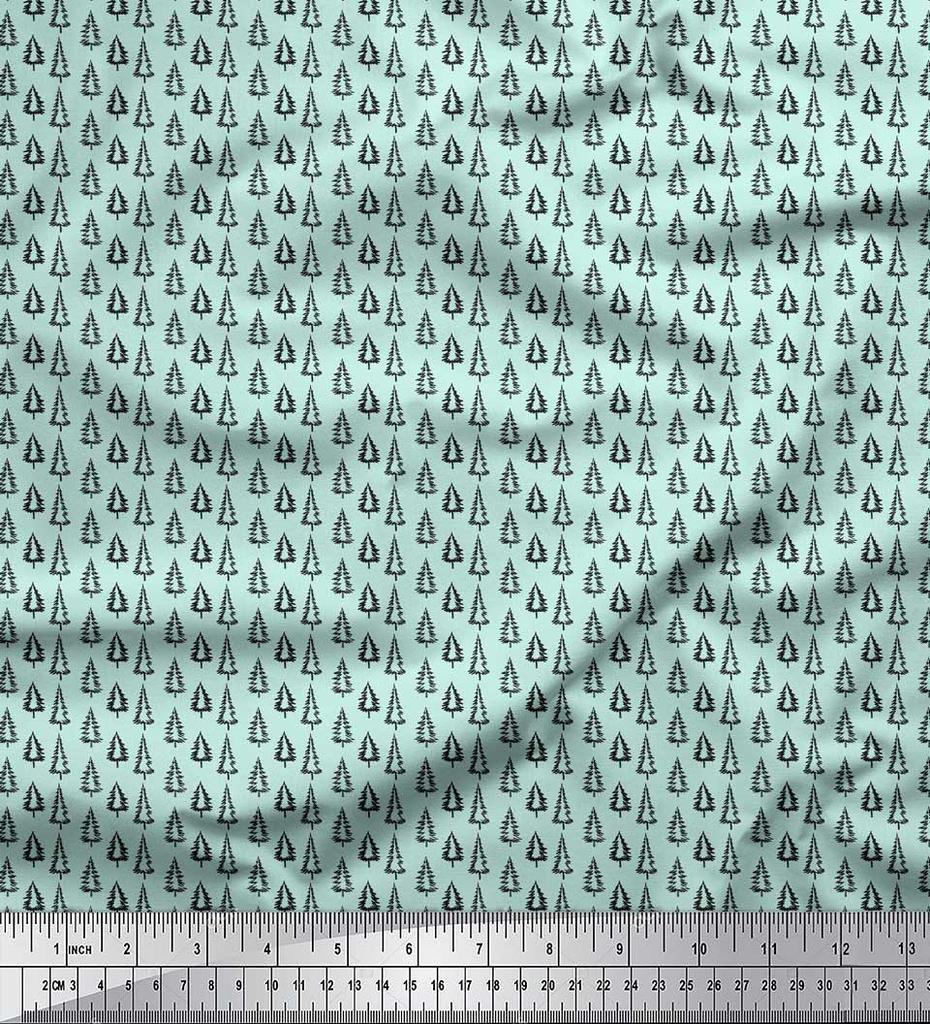 Soimoi Brown Japan Crepe Satin Fabric Stencil Christmas Tree Printed Fabric 1 metre 42 Inch