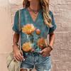 Summer Flower Print Women's T-Shirt Outdoor Casual V-Neck Short Sleeve Pullover Top Tees Loose Oversized Clothing