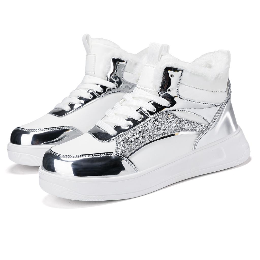 TUINANLE Winter Plush Shoes Women High Top Sneakers Lace Up Warm Bling Shoes