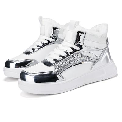 Зимние плюшевые туфли женские высокие кроссовки на шнуровке теплые блестящие туфли