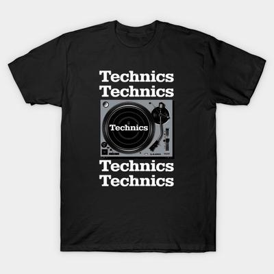 Азиатский размер Мужская черная футболка с принтом Technics 1200 Проигрыватель Винила Печать методом термопереноса без вырезания Хлопковая футболка