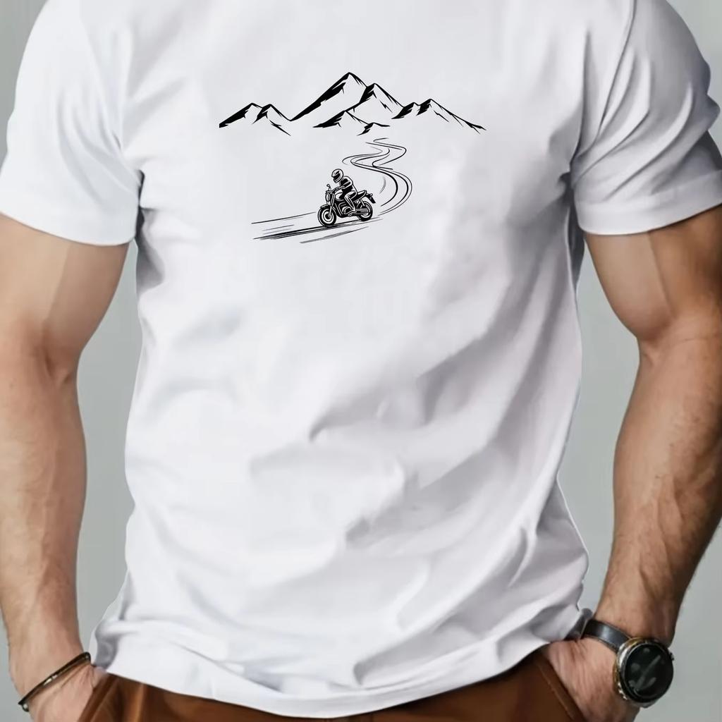 Men Motorcycle Mountain Adventure Graphic TShirt Royal Blue Casual Short Sleeve Round Neck Summer Top Men Clothing Comfortable