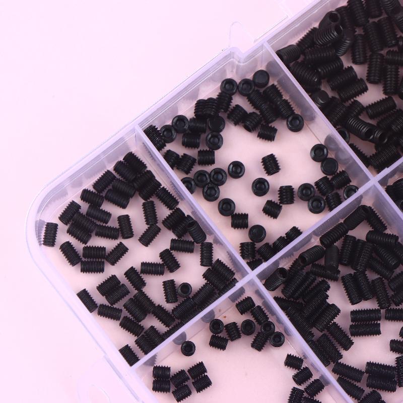 500 шт. M2.5 M3 M4 DIN913 Нержавеющая сталь 304 Черный Шестигранный Гексагон Socket Allen Плоский Конец Установочный Винт Набор Винтов Коробка