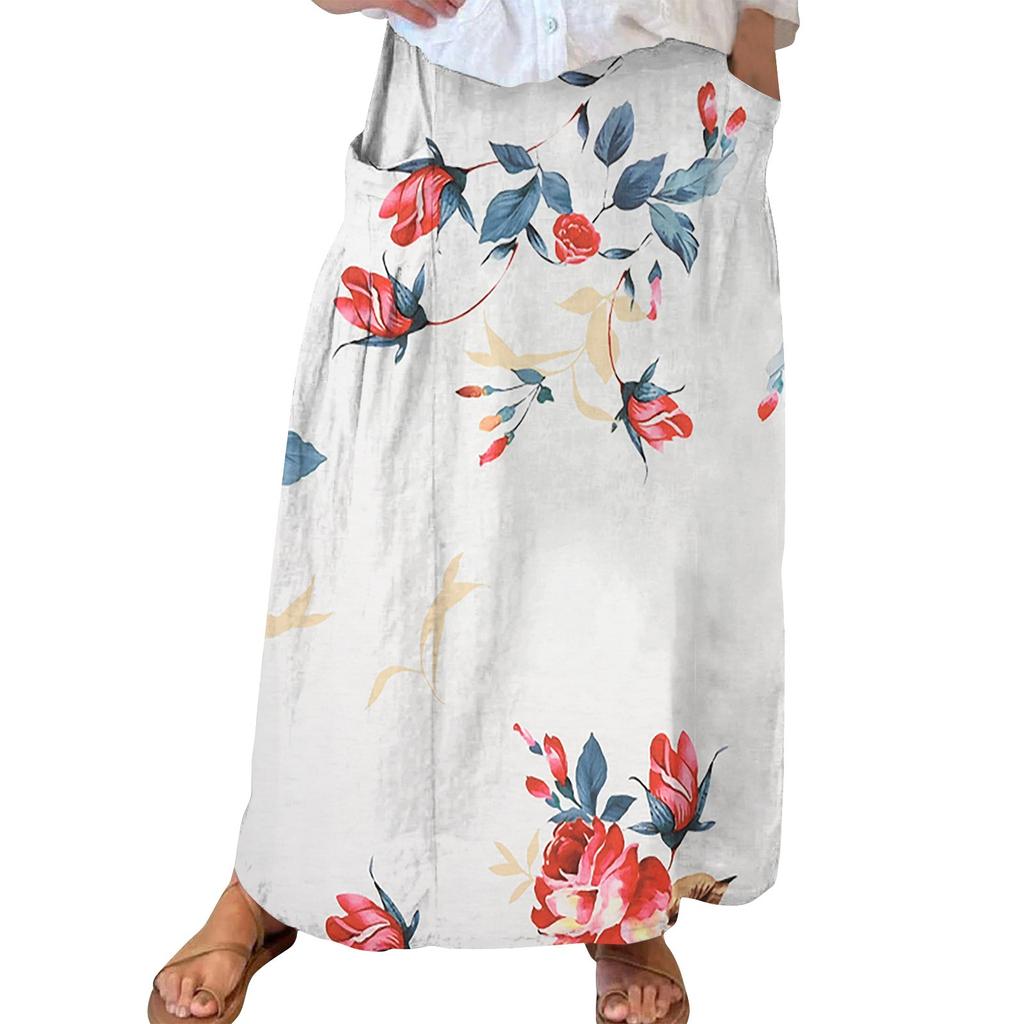 Women Casual Loose Boho Elastic Waist A-Line Beach Flowy Swing Vacation Maxi Skirt With Pocket
