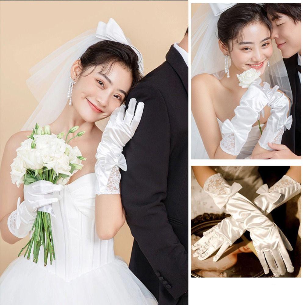 Vintage Satin Long Gloves Lace Long Finger Mittens Wedding Bridal Gloves  Dress Accessories