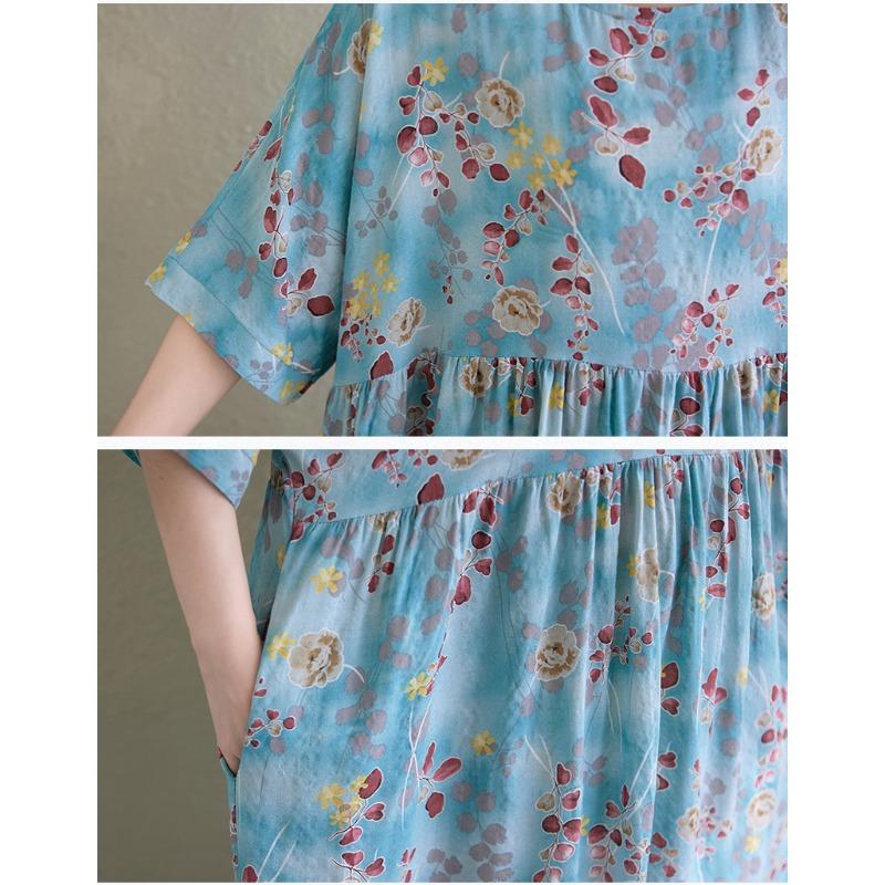 DIMANAF Plus Size 2025 Summer Long Dress Women Basic Linen Vintage O-Neck Beach Casual Dress Loose Dress Floral