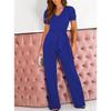 Women Short Sleeve V Neck High Waist Solid Color Jumpsuits Casual Wide Leg Belted Rompers