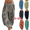 Women Casual Boho Print Pants Wide Leg Pants Loose Pocket Button Pants