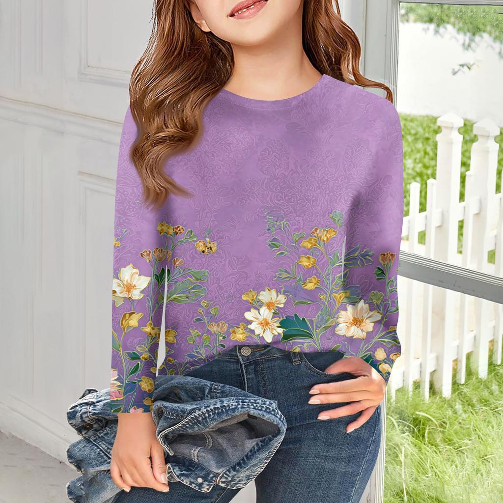 Girls Long Sleeve T Shirts Kids Fall Tops Crewneck Printed Basic Tees