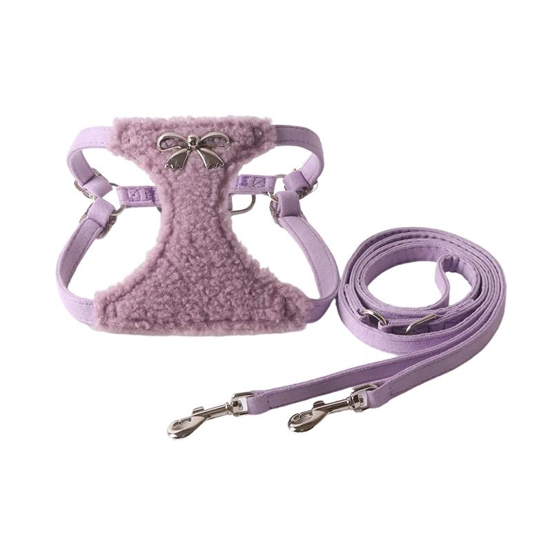 Cozy Faux Shearling Dog Harness Leash Set with Metal Bow - Adjustable Soft Vest for Small Dogs, Winter Pet Harness Vest
