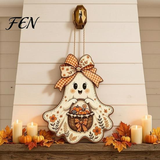 Vintage Style Halloween Sign Cute Bow Ghost Hanging Sign, Rustic Retro Floral Door with Pumpkin Party Background Decor Basket, Wooden Pendant