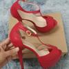 Женские босоножки на платформе с высоким каблуком, сексуальные 14 см, босоножки с открытым носком и ремешком на щиколотке, туфли-лодочки с Т-образным ремешком, красные свадебные туфли для вечеринки