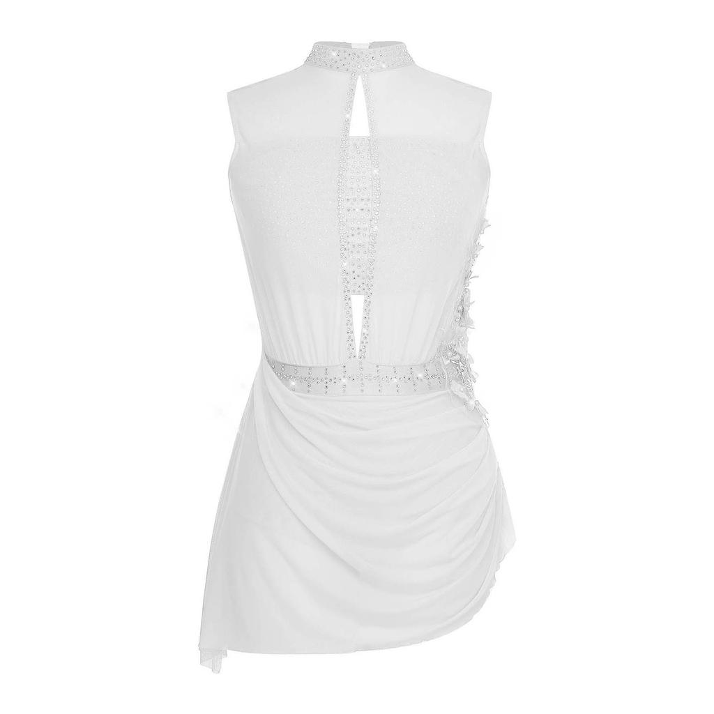 Женский костюм для фигурного катания Прозрачная сетчатая накладка Вырез на спине Без рукавов Платье с блестящими стразами Аппликация Танцевальная одежда