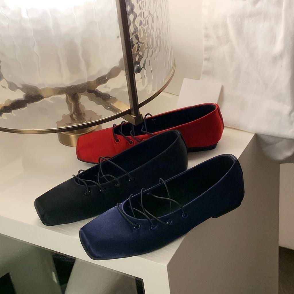 Sheepskin Version of Grape Mother Mary Jane Shoes Women's Single Shoes Extravagant Satin Temperament Square Head Cross with Ballet Flats