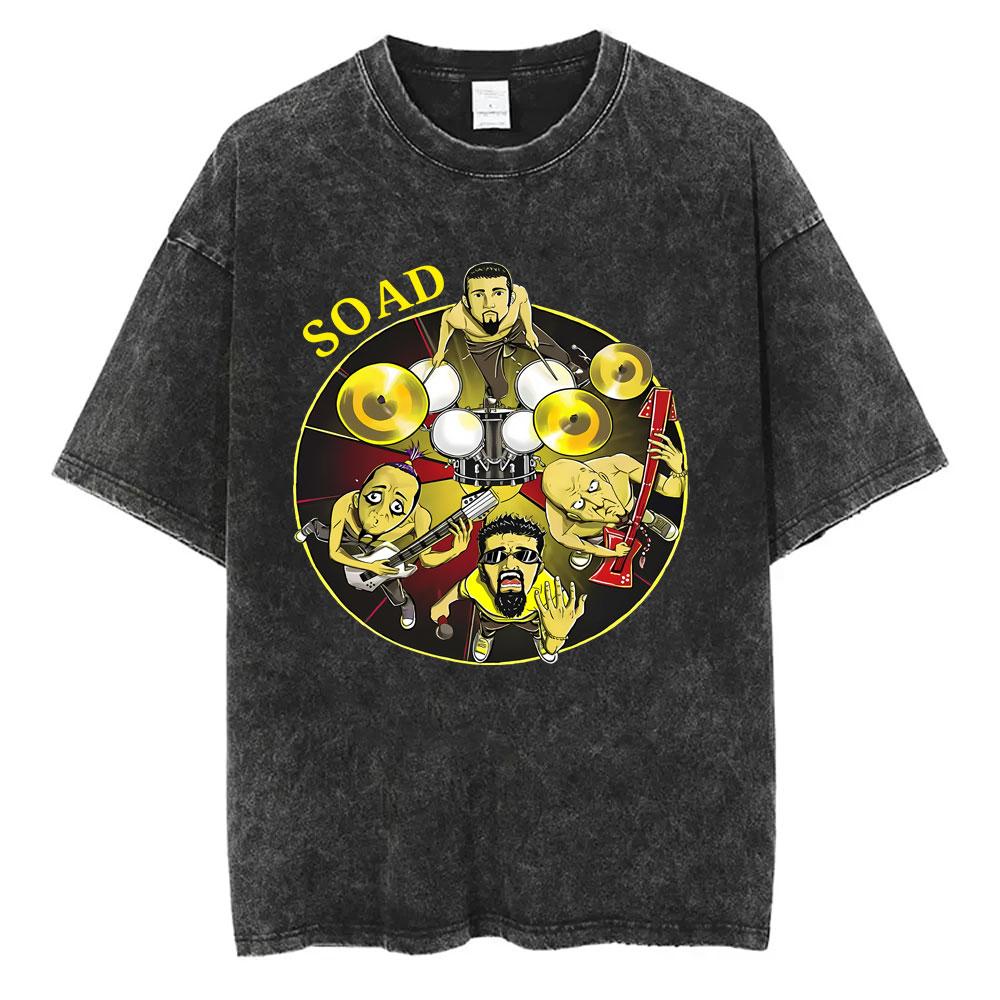 Washed Vintage System of A Down T-shirt Men Women Cotton Oversized Short Sleeve T-shirts Male Rock Band Cartoon Graphic T Shirts