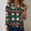 Women's Fashion Casual V-Neck Long Sleeve Decorative Button Christmas Print Top