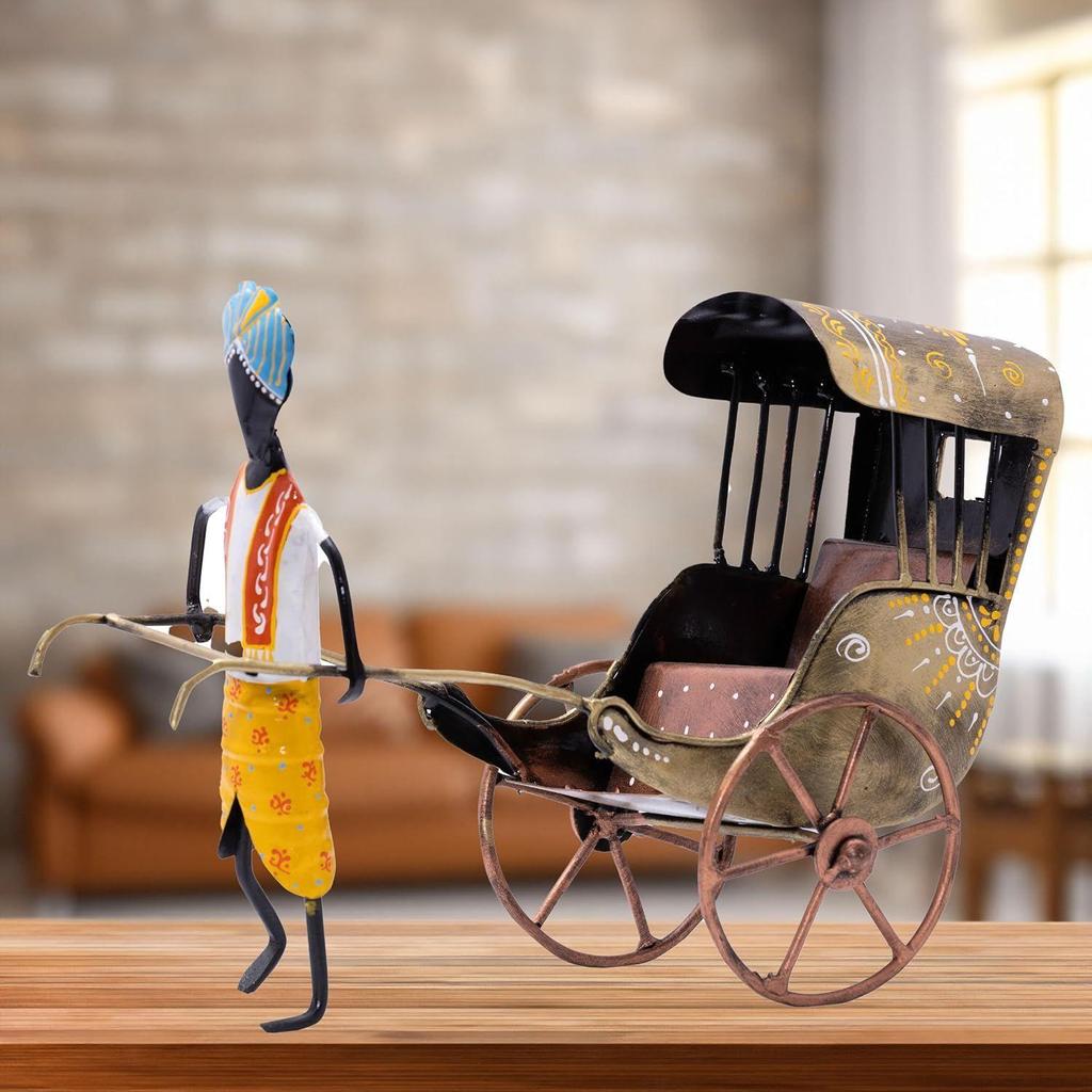 Handcrafted Iron Rickshaw Showpiece - Vintage Tabletop Rajasthani Hand Painted Decor for Home and Office, 12 Inches - Ideal for Living Room
