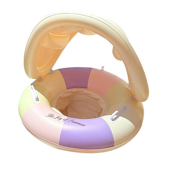Baby Pool Float with Canopy Vintage Striped Inflatable Swim Ring with Safety Seat