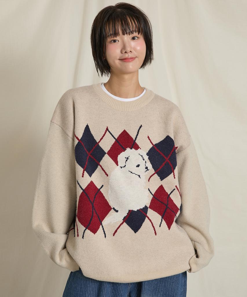 WAIKEI Maltese Argyle Crewneck Knit Oatmeal