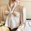 Женская рубашка с бантом, рубашка с длинным рукавом, маленькая шифоновая рубашка весной и осенью с дизайном
