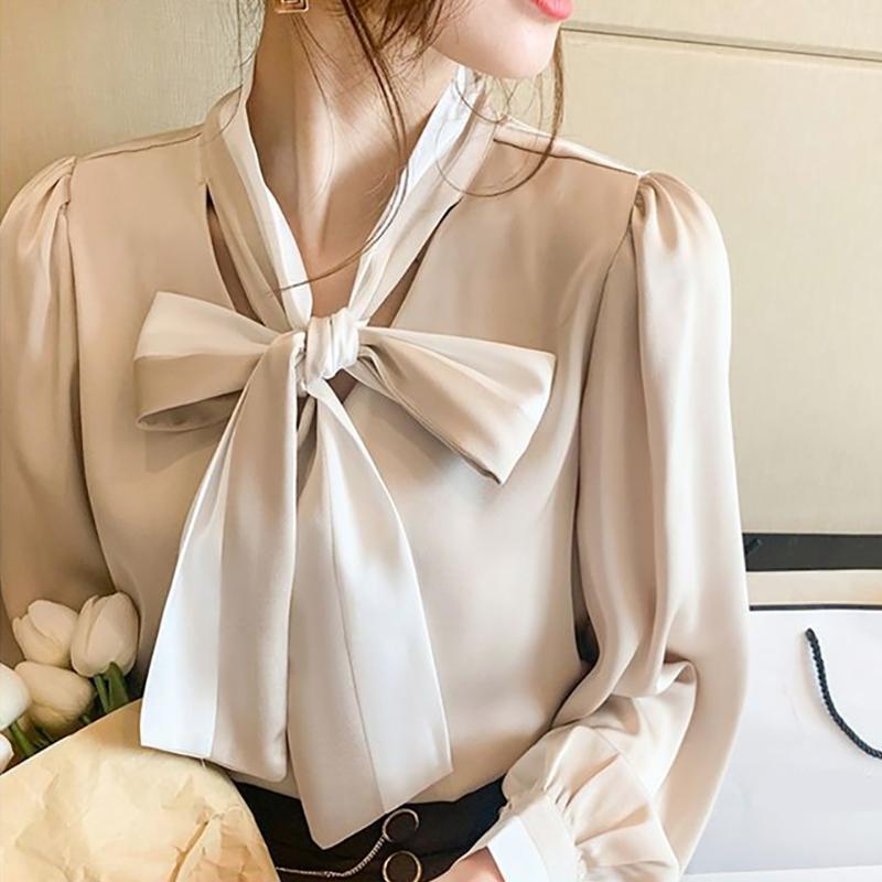 Женская рубашка с бантом, рубашка с длинным рукавом, маленькая шифоновая рубашка весной и осенью с дизайном