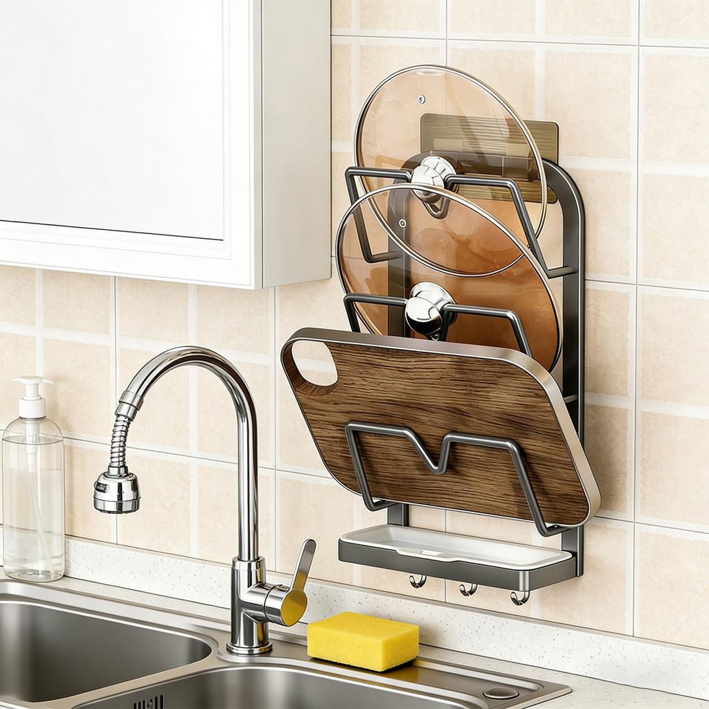 Органайзер для крышек кухонных кастрюль, Подставка для крышек кастрюль из нержавеющей стали, Многофункциональный органайзер для крышек кастрюль со съемным поддоном для сбора капель, Экономия места