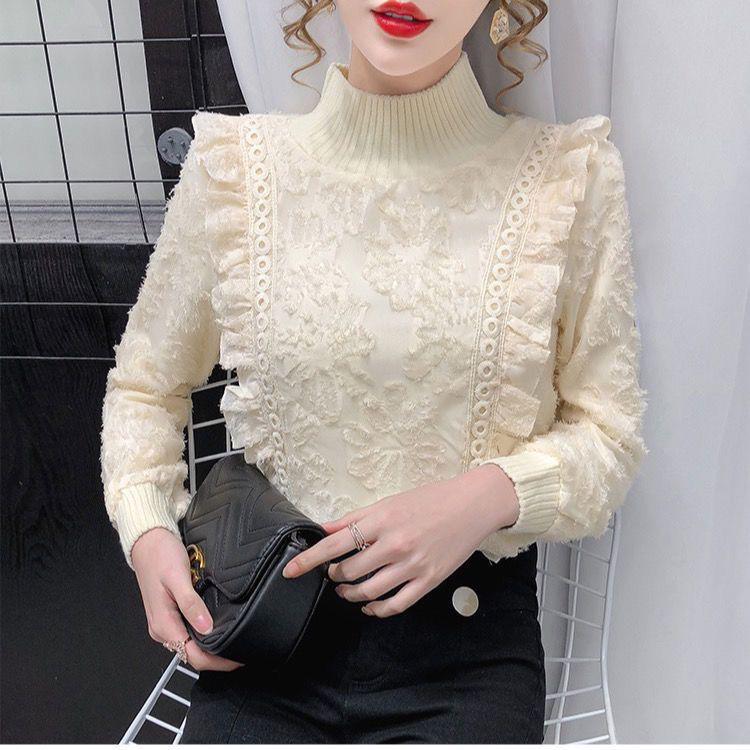 Elegant Velvet-Lined Lace Half-High Collar Shirt for Women - Autumn/Winter Collection