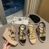 Rivet Wedges Women Sandals Open Toe Ankle Buckle Strap Ladies Platform Wedges Sandals High Heels Roman Rattan Grass Woven Shoes