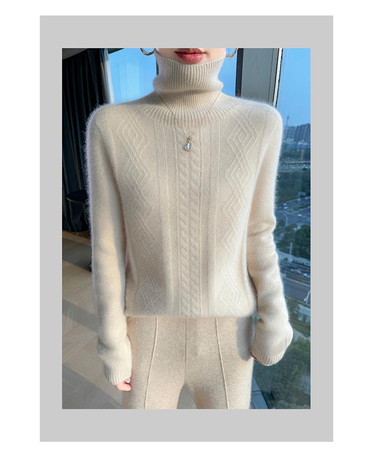 Women's High Neck Cable Knit Wool Sweater - Slimming Long Sleeve Cashmere Top