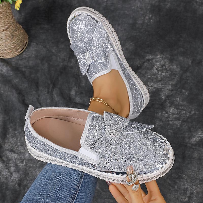 Women's Gold Silver Bowtie Sequin Flats Shiny Crystal Thick Sole Platform Loafers Ladies Light Comfort Non Slip Casual Shoes