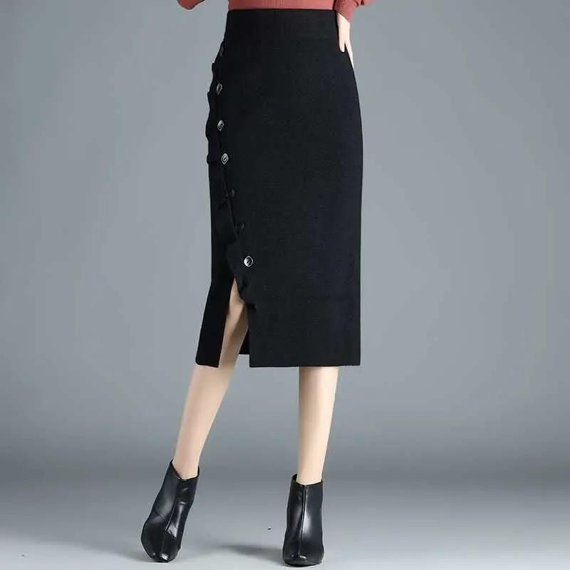 Вязаная юбка, женская осенне-зимняя юбка, зимняя со свитером, однобортная юбка на бедрах с деревянными ушками