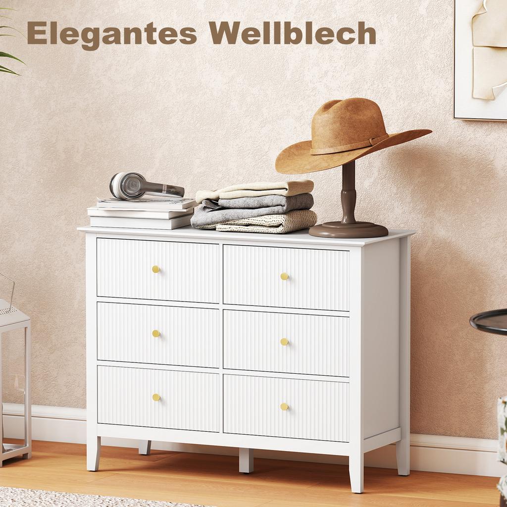 Fluted Dresser, 6 Drawer Chest of Drawers for Bedroom, Living Room, Hallway, Closet, White