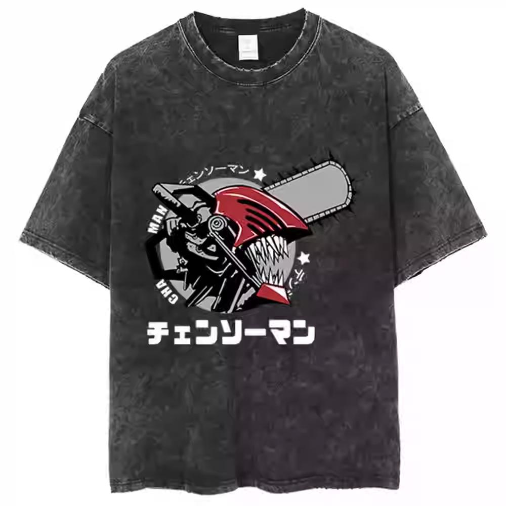 Anime Chainsaw Man Tshirt Denji Power Makima Aki Graphic T Shirt Mens Clothing Short Sleeve Tee Cotton Washed Oversized Tshirt