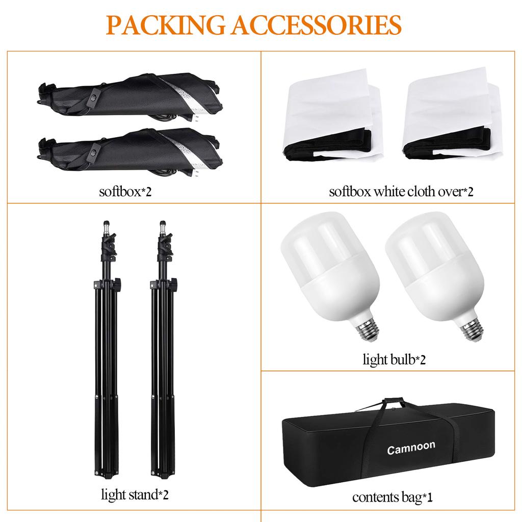 CAMNOON Studio Photography Light Kit Softbox Lighting Set with 105W LED Light * 2 + 50x70cm Softbox