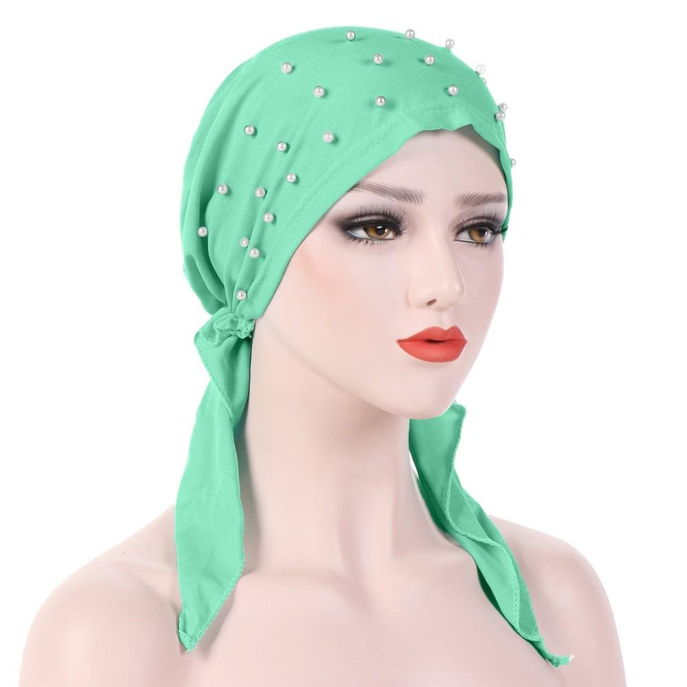 Женский модный тюрбан хиджаб Индия Отделка бисером Мусульманский эластичный тюрбан Шапка Хлопок Потеря волос Головной платок Обмотка исламский головной платок
