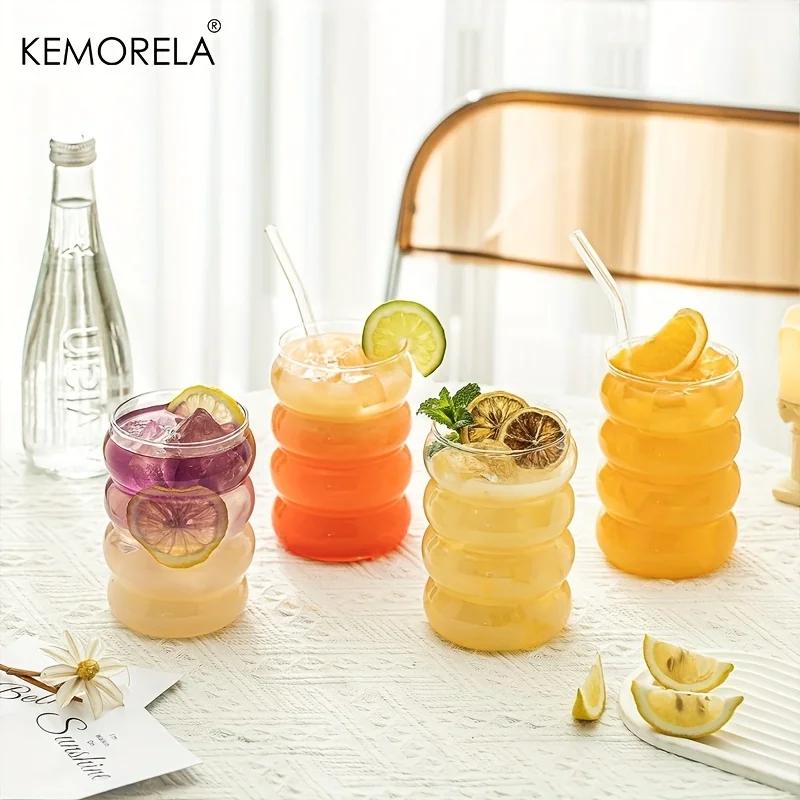 1/4PCS 16OZ Creative Glass Cup Straw Heat-Resistant Wave Cup Beer Juice Ice Coffee Cups Cocktail Fruit Glass Drinkware