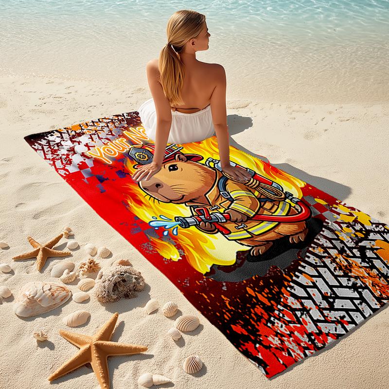 1PC Custom Name Firefighter Hamster Hero Beach Towel Highly Absorbent And Sand-Resistant Towel for Swimming, Pool, Yoga, And Travel Lightweight