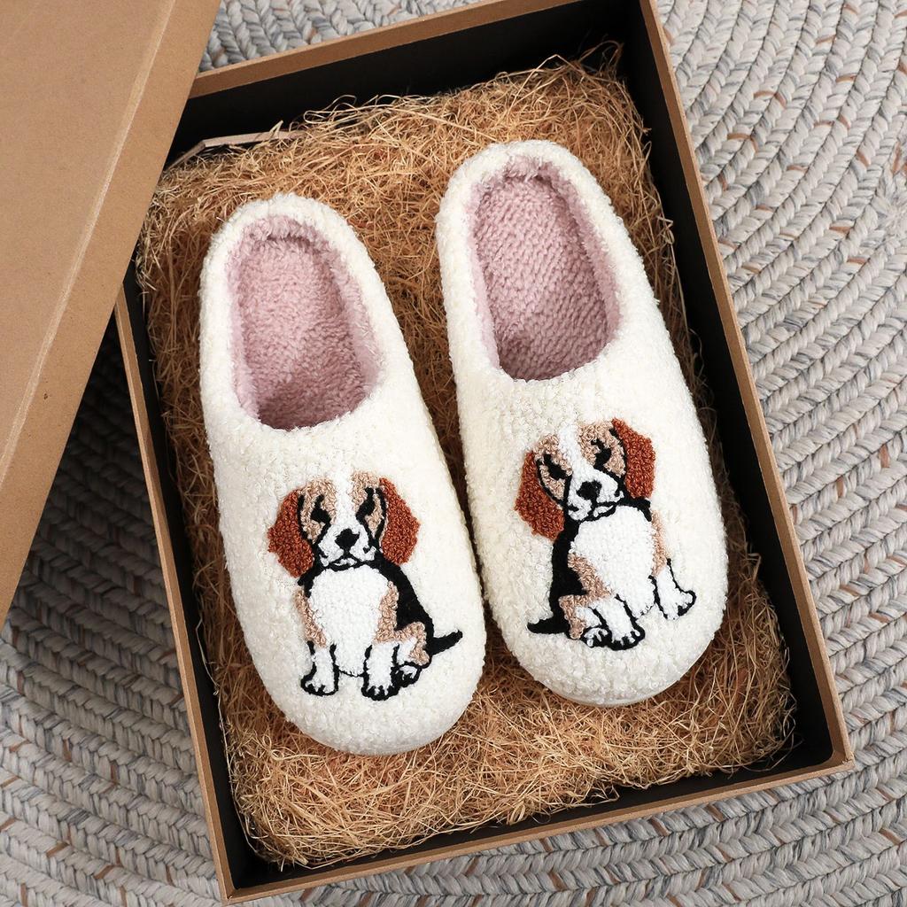 Farmer Ranch Horse Pattern Embroidered Plush Home Thick-Soled Comfortable Furry Slippers Cute Warm Non-Slip Indoor Slippers