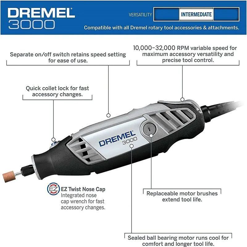 Dremel Электрическая шлифовальная машина 3000 с 1 профессиональным аксессуаром и 10 аксессуарами для ежедневного использования.