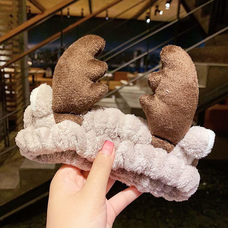 Cute Bow Antler Ears Coral Fleece Soft Warm Headband For Women Girl Washing Face Makeup Bath Head Wrap Hairband Hair Accessories